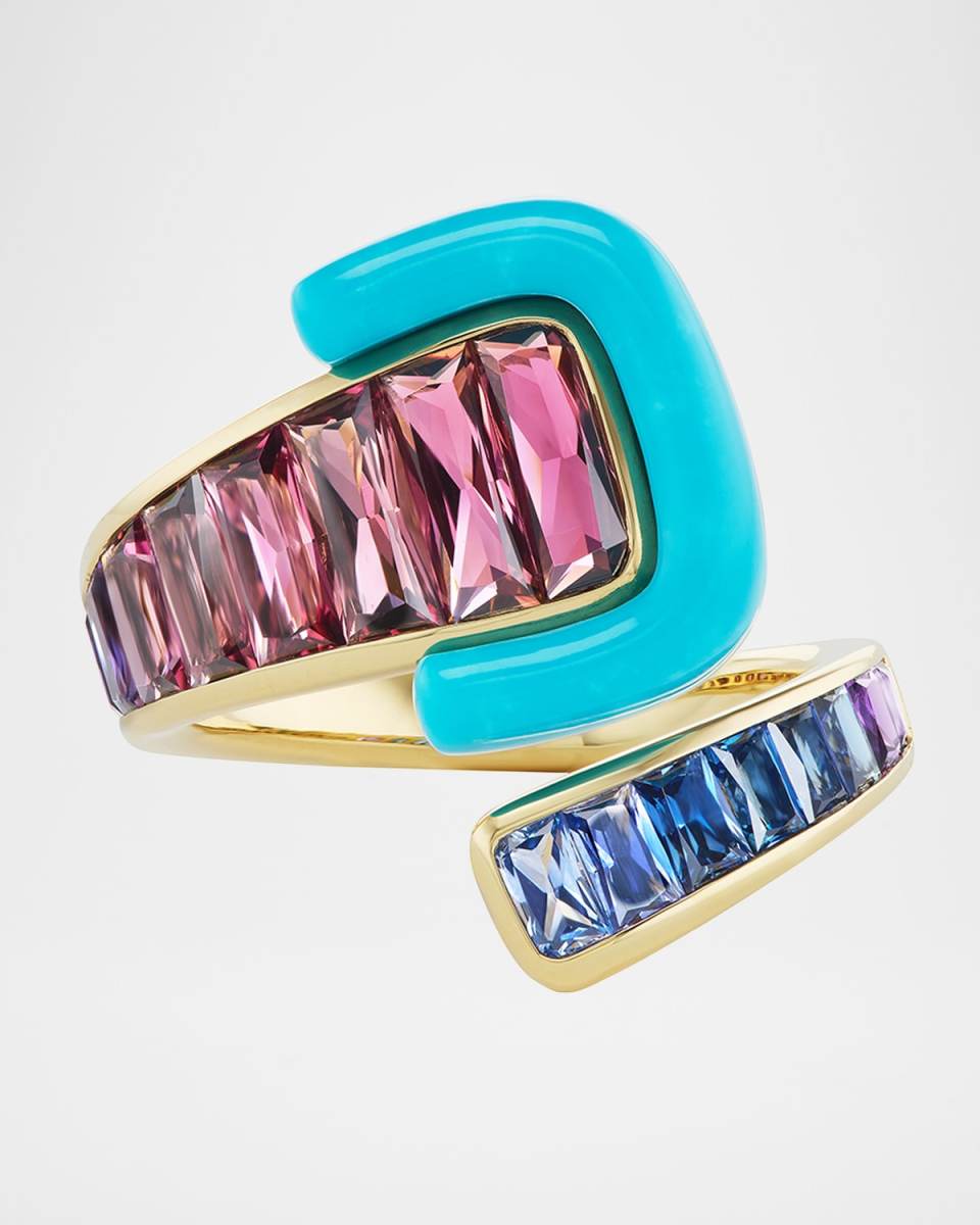 18K Yellow Gold Buckle Ring with Turquoise, Tourmaline, Sapphire, and Amethyst